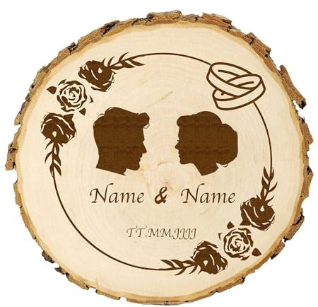 KIWISTAR UG - 14-16 cm Baumscheibe - Paar - Hochzeit mit Ring - personalisiertes Geschenk individuell selbst gestalten - Name - Holzscheibe mit Wunschtext - Naturholz - Geschenk - Türschild
