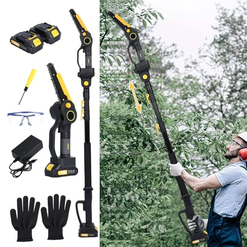 Sierra de poste eléctrica, cortador de eje telescópico con baterías 2 × 2,0 h, motosierra motor sin escobillas de 800 W hoja de metal de 6 pulgadas, cortador de cepillo para corte de madera y amarillo