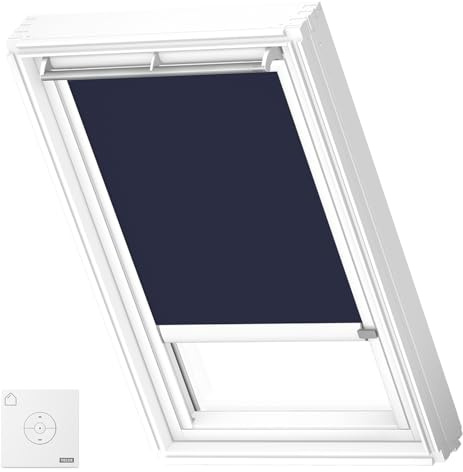 VELUX Solar Verdunkelungsrollo, weiße Schienen, SK08, Dunkelblau | Solarbetrieb, Fernbedienung, stufenlose Anpassung