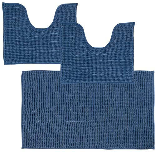 Comart - Tris Tappeti Bagno Shaggy - Set 3 Tappetini Bagno: 1 Rettangolare 45x75 cm + 2 Giro WC 45x38 cm - Super Assorbenti e Morbidi - Antiscivolo - Lavabili in Lavatrice - Texture in 3D - Blu