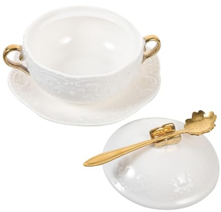 Healifty Bol à Ragoût Européen Double Anse Doré Avec Couvercle 300 Ml En Porcelaine Résistante Haute Température Multifonction Pour Petit-déjeuner Et Repas En Famille Ensemble 3 Pièces