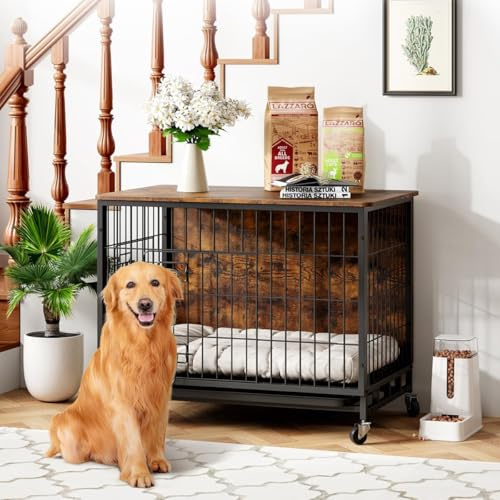 Hundekäfig Möbel, Hundebox mit Türen & Rädern, 98 x 65 x 68 cm Moderne Hundehütte Indoor mit Holz Tischoberfläche & Herausnehmbarer, Metall Hundezwinger Beistelltisch für große mittlere kleine Hunde