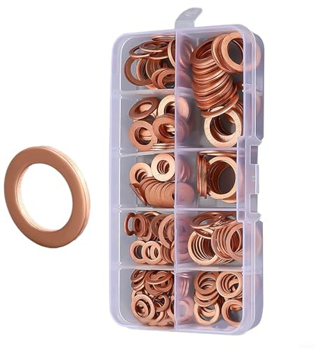 Fauhapyway Kit surtido de sellos de arandela de cobre de 200 piezas de juntas tóricas de metal para mantenimiento de drenaje de aceite del motor