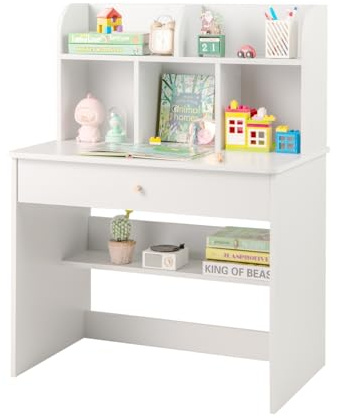 DREAMADE Bureau Enfant en Bois,Table d'Etude Enfants avec 5 Cubes Ouverts, Tiroir, Étagère Inférieure, Table Enfant 3+Ans, 80X48X102CM (Blanc)
