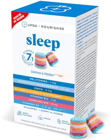UPSA x Nourished Sleep, 30 Gummies, Integratore Alimentare per il Sonno con Melatonina e Ashwagandha, Caramelle Gommose Gusto frutta, Senza Zucchero, Vegan