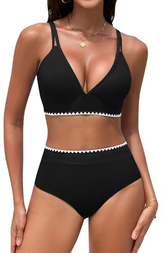 UMIPUBO Bikini Dam Set Hög Midja Push Up Mage V-ringning Stora Bröst Badkläder Hög Midja Färgblockering Med Muslingskant Badkläder, svart, L