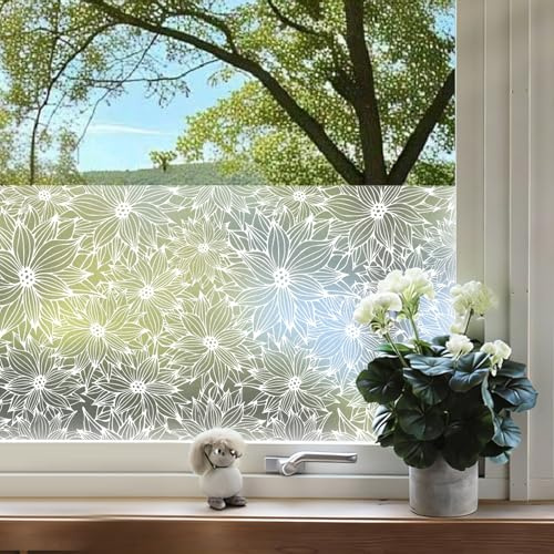 dktie Fensterfolie Weißes Durchbrochenes Blumenmuster Sichtschutzfolie, Statisch Haftende UV-Schutz und Blendschutz, Sichtschutz Getönt, Fensterdekoration 44.5x200cm