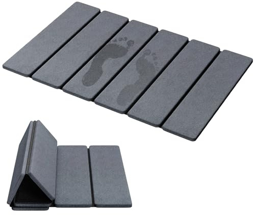 Luxspire Stone Bath Mat Foldable, Quick Drying Diatomaceous Earth Bath Mat for Bathroom, Large Bathroom Rug with Non-Slip Rubber Base, Easy Clean Shower Mat Outside Shower, 24 x 16 Inch, Dark Gray