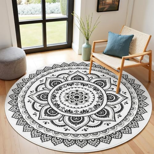 SHACOS Teppich Rund 120 cm Runder Teppich Waschbar Weich Teppiche Wohnzimmer Rund Flauschig rutschfest Kurzflor Runder Teppiche für Schlafzimmer, Wohnzimmer, Schwarz