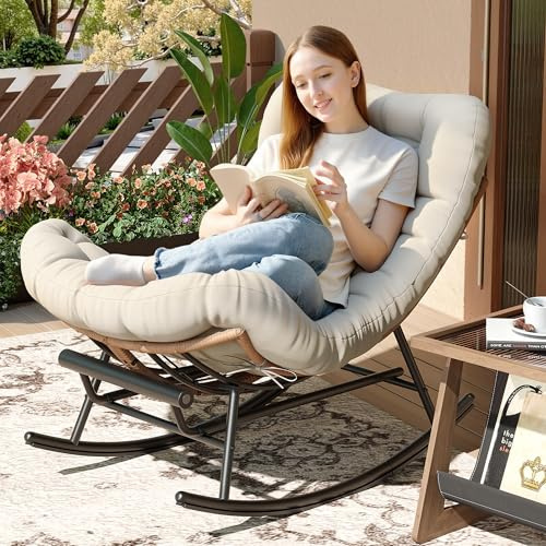 PeakPursuit Outdoor Rocking Chairs, Oversized Patio Papasan Rocker Chair with Padded Cushion and Metal Frame, Comfy Wicker Reading Lounge Chair for Bedroom, Living Room, Porch, Garden, Lawn-Beige