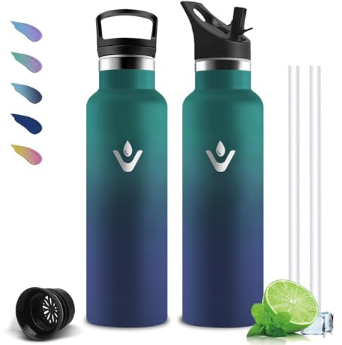 Botella Agua- 750ml- Botella Agua Acero Inoxidable, A Prueba de Fugas, Cantimplora con Pajita, sin BPA, Mantiene 24H Frio/12H Calor, Cantimplora para Oficina, Senderismo, Cámping