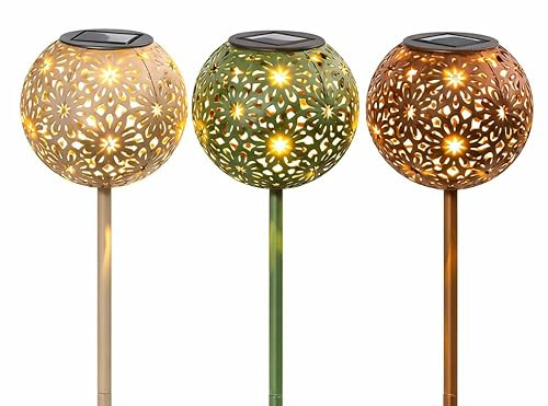formano 3er Set Solar LED Gartenstecker Metall Gartenleuchten Kugel 15x15x100 cm - IP44 warmweißes Licht - Erdspieß - Farben beige grün braun - Outdoor Deko für Garten & Weg und Beet
