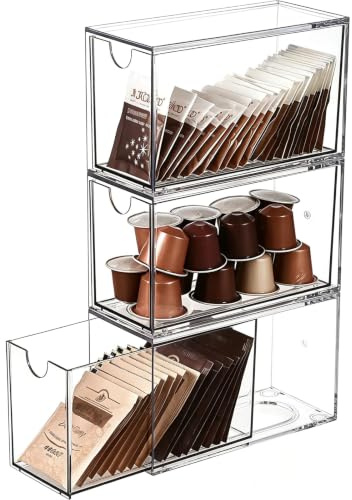 3er Set Acryl Aufbewahrungsboxen mit Schubladen-Teebeutel Organizer 16,5 x 7,6 x 10 cm Teebeutel Aufbewahrung Schubladenboxen für Küche, Büro, Kaffeekapseln, Zucker, Schmuck, Kosmetik, Schreibwaren