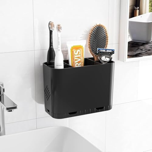 Zahnbürstenhalter 5 Slots für Badezimmer - Wandmontage oder Standfuß | Elektrische & Manuelle Zahnbürsten Halter mit herausnehmbaren Trennwänden, Bad-Accessoires Set für Familie (Black)