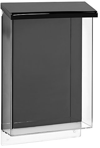 DIN A4 Hoch Prospektbox/Prospekthalter, wetterfest, für Außen, Acrylglas | Aus glasklarem und schwarzem Acrylglas - Größe Fülltiefel, für wie Wandmontage, Deckel fällt durch Eigengewicht alleine zu