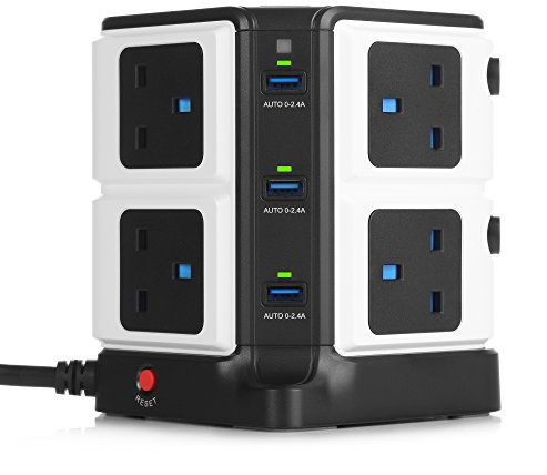BESTEK 8 Way Surge Protected Tower Extension Lead Socket Plug with 6-Port (5V/8A) USB Power Strip 3250W/1.8M-Black