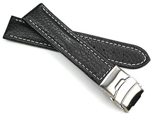 Sulla Genuine Leder Uhrenarmband mit Edelstahl Faltschließe schwarz 22 mm | Edelstahl, schwarz, 22 mm Anstoßbreite, Faltschließe Deployment Clasp Buckle