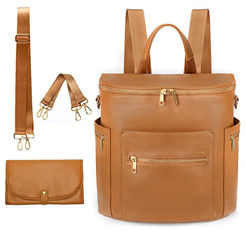 MF Store Wickeltasche aus Leder, Wickelrucksack mit Laptophülle, Wickelunterlage, Feuchttüchern, Kinderwagengurten und isolierten Taschen