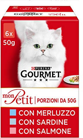 GOURMET Mon Petit Cibo Umido per Gatti Adulti Filettini con Merluzzo, Sardine e Salmone 48 Buste da 50g