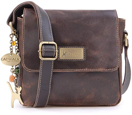 Catwalk Collection Handbags - Petit Sac Bandoulière Femme en Cuir Vieilli - Sac Besace - Messenger Bag Avec Bandoulière Réglable - SABINE S - Marron