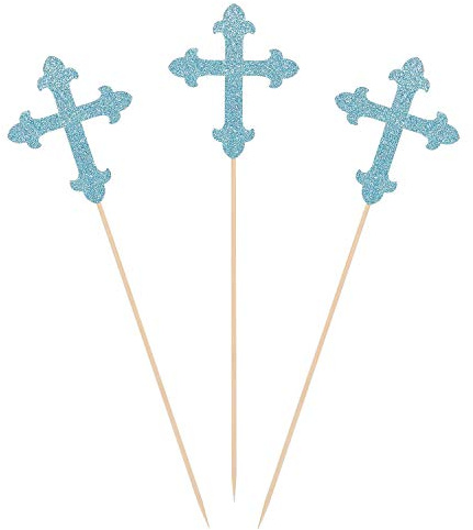 Blue Glitter Cross Centerpiece Sticks for Baptism Christening Party Decorations - Set of 10