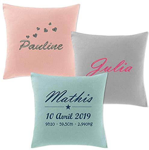 Vanevitch Housse de Coussin personnalisé et brodé avec Son prénom, Une dâte, Un Message, Enfant bébé, 40x40cm, Cadeau Anniversaire, Noel, Bapteme, Decoration Chambre, Rose, Gris, Vert, garçon Fille