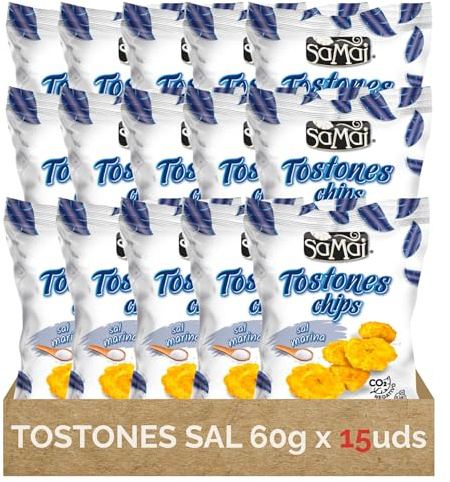 Tostones SAMAI Chips de Plátano con Sal Marina - Pack 15 Bolsas x 60g (900g Total) - Snack Natural Sin Gluten - Patacones Crujientes - Aceite de Palma Sostenible