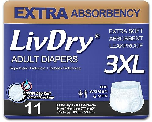 LivDry 3XL Adult Incontinence Underwear, Extra Absorbency Adult Diapers, Leak Protection, XXX-Large, 11 Count