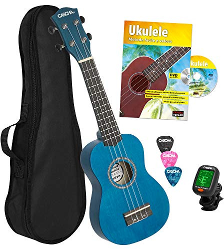 CASCHA Sopran-Ukulele, Blau, mit Handbuch, Stimmgerät, gepolsterte Tasche, 3 Plektren und Aquila-Saiten