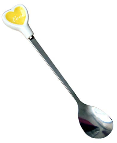 Stainless Steel Spoons Ceramics Heart Shape Decor Reusable Teaspoon for Coffee Tea Mixing Sugar Ice Cream Stir Bar Serving Utensils Salad Spoons 1pc Yellow