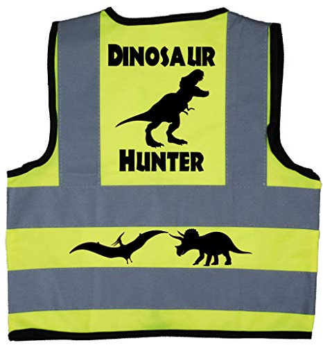 Acce Products Dinosaur Hunter Baby Children Kids Hi Vis Safety Jacket Vest Size 2-3 Years Yellow Optional Personalised On Front