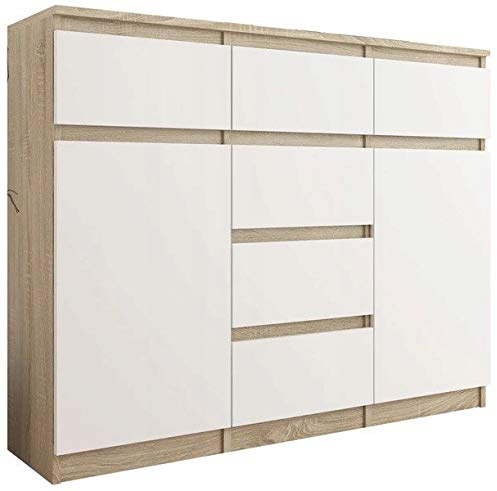 Framire Highboard Sonoma Eiche/Weiß 120x40x98 cm – Sideboard mit Schubladen, Schränken & offenen Regalen, modernes Schrankmöbel für Wohnzimmer, Esszimmer & Schlafzimmer, Modern S-62D