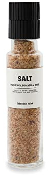 Nicolas Vahe Meersalz mit Parmesan, Tomate und Basilikum | Salz- und Kräutermühle aus Glas | Dänisches Design mit Gourmet-Twist