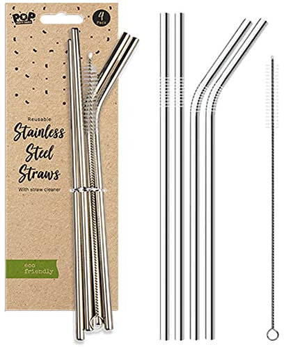 4 x Metal Stainless Steel Reusable Drinking Straws Eco Friendly + Cleaning Brush Party Summer Use Birthday Smoothie Milk Shake Water Juice Silver Bent & Straight Straws UK Free P&P