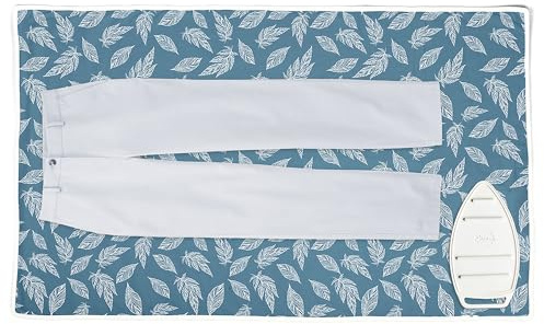 Encasa XO Ironing Mat/Pad (Large 48x28) with 3mm Padding & Silicone Iron Rest for Steam Pressing on Tabletop or Bed - Heat Resistant, Portable, Quilting & Travel Blanket - Big Leaves Blue