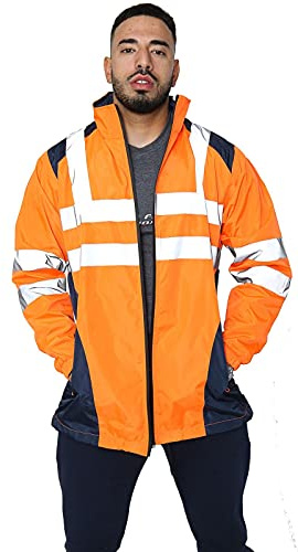 Parsa Fashions Hi Vis Rain Jacket Mens High Visibility Waterproof Reflective Tape Band Safety Zipper Hooded Top Lightweight Sizes Small to 5XL Orange XL