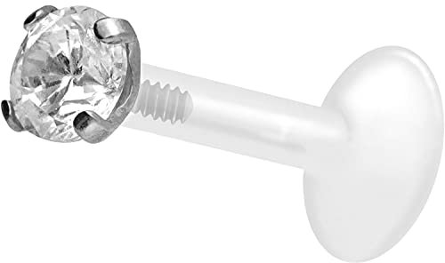 PIERCINGLINE PTFE Labret mit Gewinde Titan AUFSATZ KRISTALL 3 mm Silberfarben 1,2 x 10 mm Piercing Lippe Nase Ohr
