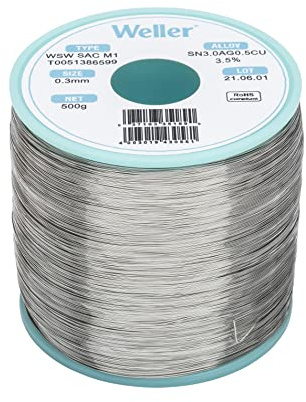 Weller WSW SAC M1 (T0051386599) Filo Saldante, Ø 0.3mm, 500g, Lega Sn96.5Ag3.0Cu0.5, Contenuto di Fondente 3,5%, Silver