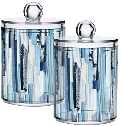 Fustylead 2 Pack Blue Stripe Qtip Holder Dispensers, Bathroom Storage Canister Plastic Apothecary Jar Set for Cotton Swabs, Ball, Pads, Floss