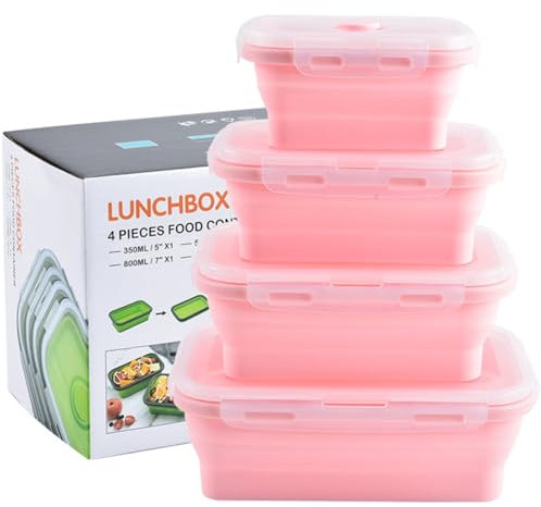 MOUMOUTEN Faltbare Frischhalteboxen, Zusammenklappbare Aufbewahrungsbehälter, Tragbarer Silikon Bento-Box zum Platzsparen, Reise-Lebensmittelbehälter, luftdichte Brotdose mit Deckel(Rosa)