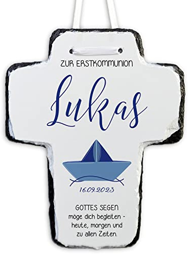 Feenstaub Kreuz Kommunion personalisiert, Geschenk zur Erstkommunion, Kommunionskreuz mit Boot, Schieferkreuz bedruckt, Kinderkreuz Kommunion