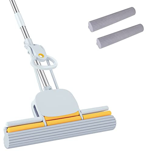 DUDTO - Fregona de Esponja PVA con Mango Largo de 152 cm y Cabezal de 38 cm, Incluye 2 recambios, fregona con Sistema de escurrido para Limpieza de Suelos