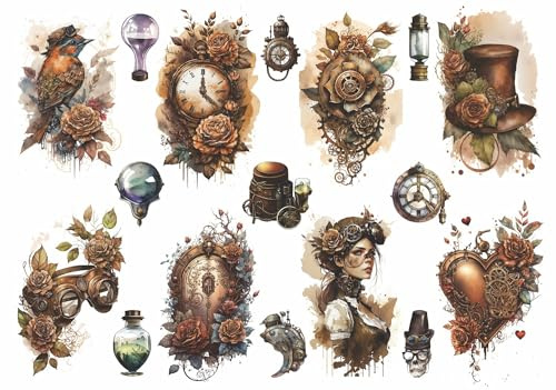 Steampunk-Reispapier, 29,21 x 40,64 cm – 17 einzigartige Steampunk-Bilder, gedruckt auf 36 g/m² Maulbeerpapier, sichtbare Fasern für Decoupage-Möbel, Renovierungsarbeiten.