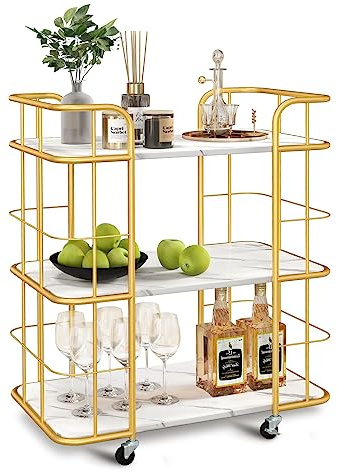 COSTWAY Gold Drinks Trolley, 3 Tier Mobile Bar Cart with Lockable Wheels | Faux Marble Shelves, Anti-fall Crossbars, Metal Kitchen Island Serving Trolley Cart for Home Living Room Restaurant