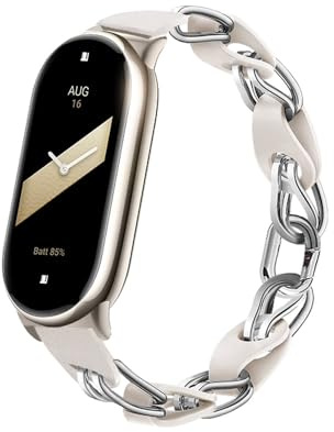 XIHAMA Compatible avec Xiaomi Mi Band 8/9 Bracelet de montre de rechange Design ajouré Anneau en acier inoxydable Chaîne en cuir Ceinture Mi Band 9 Bracelet élégant pour femme