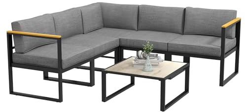 Outsunny Salotto da Giardino con Divano e Tavolino, Set 6 Pezzi in Alluminio con Cuscini Imbottiti, Tavolino con Piano Effetto Legno, Grigio