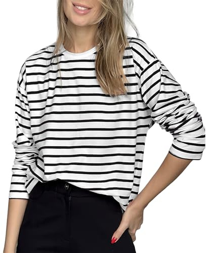MGizo DtiSpectrum Camiseta Clásica De Manga Larga A Rayas Elásticas De Algodón De Ajuste Holgado para Mujer Tops con Cuello Redondo Usable Durante Todo El Año
