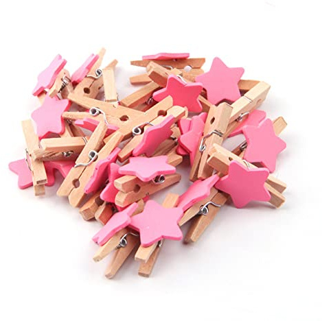 Wisafory Lot de 50 pinces à linge en bois en forme d'étoile - Pinces décoratives - Mini pinces en bois - Décoration pour bricolage, photos, cartes, fête, mariage - Rose