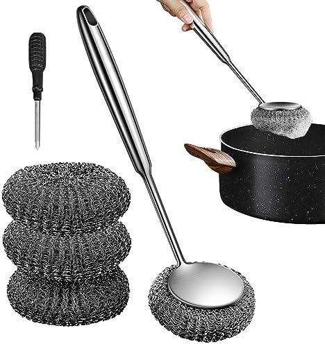 Edelstahl-Schrubber, Schrubber, Schwämme, Kugel mit Griff, Utensilien-Schrubber aus Edelstahl 304 mit langem Griff, Stahlwolle for Reinigen von Geschirr, Töpfen, Pfannen und Grills/509 (Farbe: 1, Größ