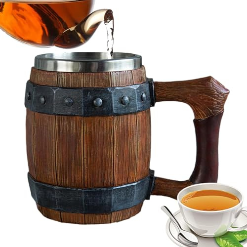 Pirate Cup – Barrel Brown Classic Design, Vintage Faux Oak Wood Beer Mug | Retro Mug tazza in acciaio inox resina boccale da birra medievale, 19 x 14 x 11 cm